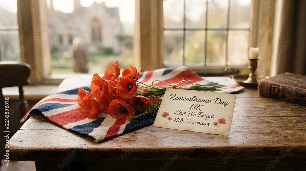 Fototapeta premium A poignant remembrance day display in the uk featuring vibrant poppies laid upon a union jack honouring the sacrifices of those who