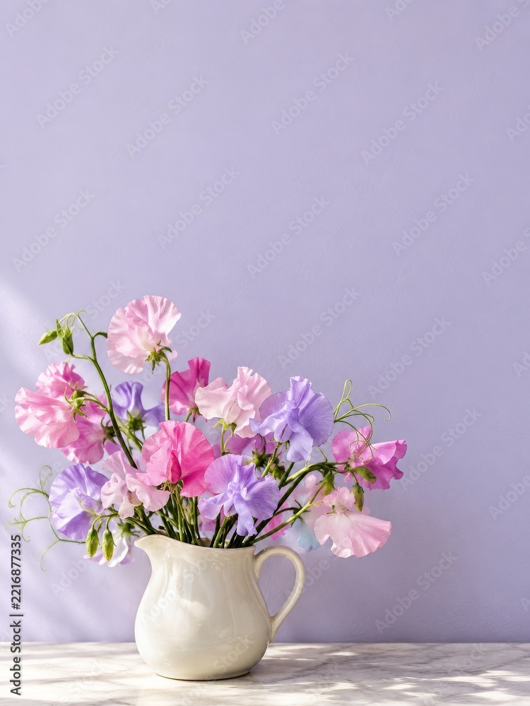 Fototapeta premium Pink and purple sweet peas in a glazed cream pitcher with copy space