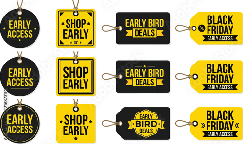 Collection of modern Early Access and Black Friday sale tags in black and yellow featuring promotional discount text for retail shopping events.