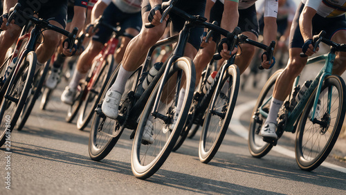 Group of professional road cyclists racing on asphalt road
