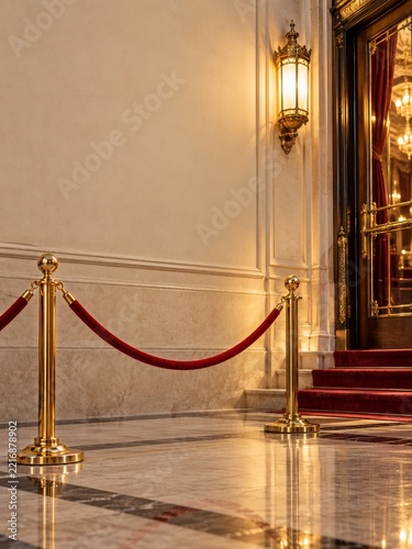Brass Stanchions and Red Velvet Rope at an Elegant Theatre Entrance