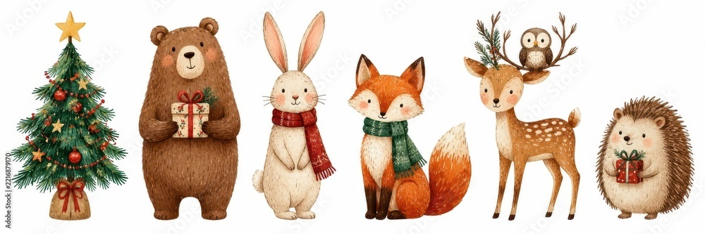 Fototapeta premium Festive woodland animals Christmas illustration