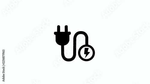 Power charge icon with electric plug and lightning bolt animation on white background. Lightning bolt electric plug animation for charging supply, energy, power and technology concepts