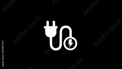 Power charge icon with electric plug and lightning bolt animation on black background. Lightning bolt electric plug animation for charging supply, energy, power and technology concepts