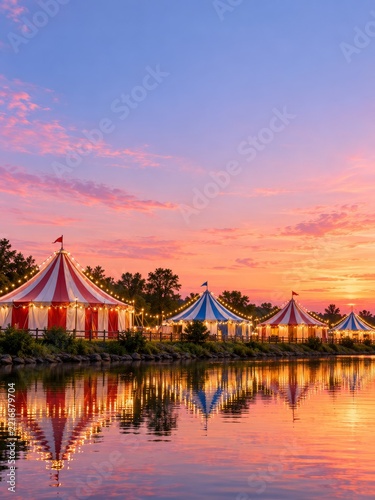 Striped Carnival Tents Reflected in a Calm River at Sunset with Copy Space