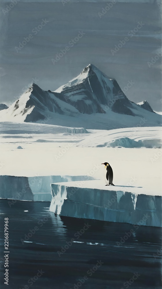 Fototapeta premium Penguin on ice in snowy mountain
