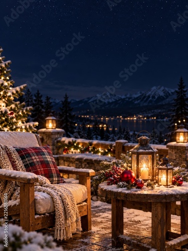 Empty Christmas Patio Chair with Lanterns and Snowy Branches Against Navy