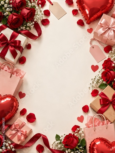 Valentine Flat Lay Border with Rose Bouquets and Red Heart Balloons