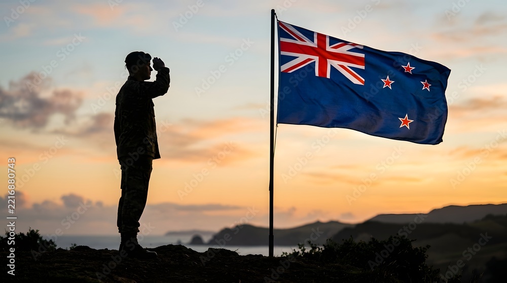 Fototapeta premium A poignant silhouette salutes the union jack at sunset embodying the solemn respect and enduring gratitude for the sacrifices made during times
