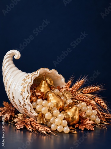 Porcelain cornucopia with gold pears and copper wheat for a Thanksgiving back...
