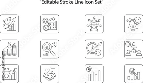 Business and marketing line icon set featuring growth rocket strategy global expansion and teamwork concepts