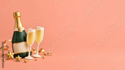 Clay Champagne Bottle with Cream Flutes and Golden Stars Against Coral