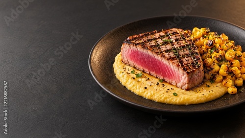 Chargrilled Tuna Steak with Creamy Polenta and Roasted Corn on Black