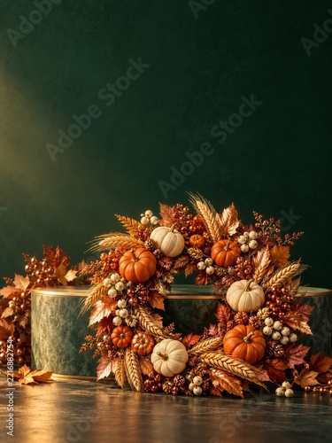 Harvest wreath with pumpkins copper leaves and wheat for a Thanksgiving backg...