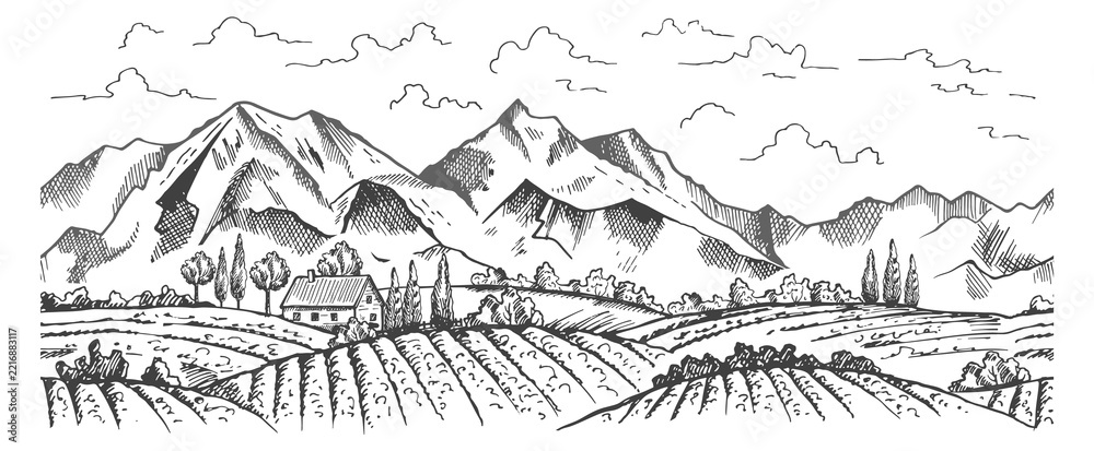 Fototapeta premium A mountain range with a house in the valley