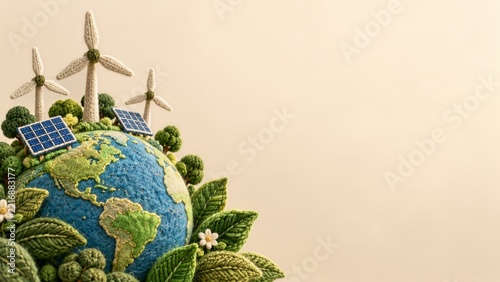 Knitted Earth Globe with Wool Wind Turbines Solar Panels and Green Leaves