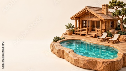 Carved Wooden Cabin and Turquoise Resin Pool with Cream Left Copy Space