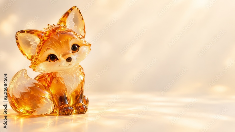 Fototapeta premium Amber Glass Fox Cub Figurine with a Curled Tail and Warm Golden Reflections