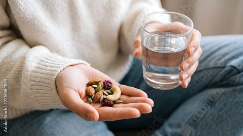 Close-up of Person Holding Handful of Mixed Nuts and Seeds with Glass of Water