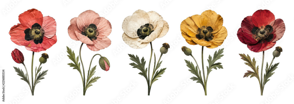 Fototapeta premium PNG Watercolor collection of colorful poppy flowers with stems