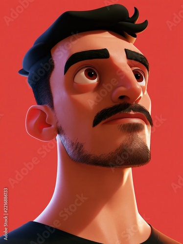 Portrait 3d d'un jeune homme barbu au regard curieux sur fond rouge