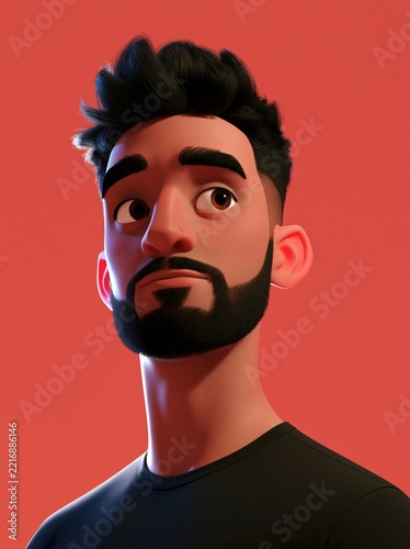 portrait 3d d'un jeune homme barbu au regard pensif sur fond rouge