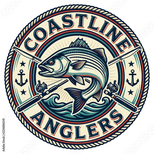 A detailed circular fishing club logo features a striped bass leaping from blue waves, flanked by fishing rods and anchors, with the text 