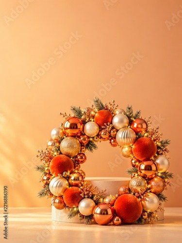 Orange and copper ornament wreath with fir and lights on an apricot backdrop