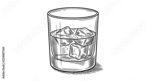 Detailed black and white line art vector drawing of a whiskey glass with ice cubes