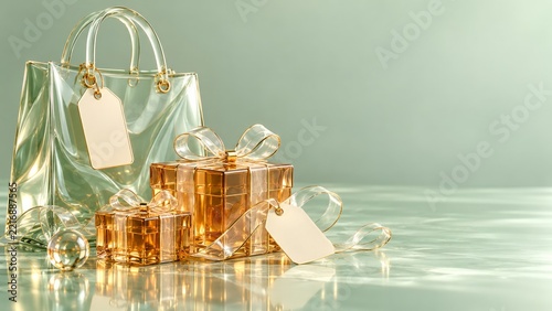 Transparent Shopping Bag with Gold Trim and Amber Gifts on Sage