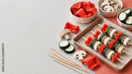 Paper Style Vegetable Skewers with Peppers and Mushrooms on a Cream Surface