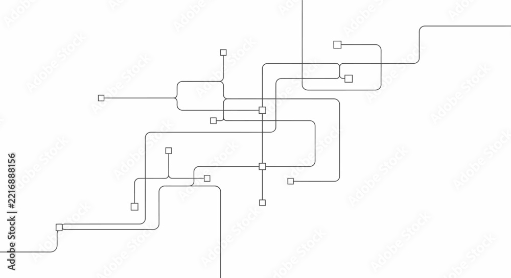 Fototapeta premium Minimalist technical circuit layout diagram showing intricate routing lines and connection terminals.