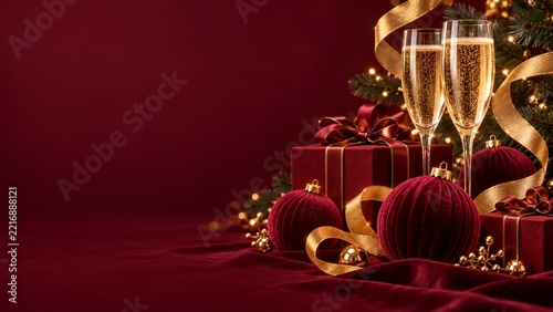 Burgundy Velvet Baubles with Crystal Flutes and Ribbons Against Wine