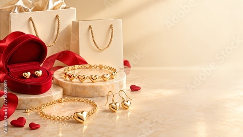 Gold Heart Bracelets and Earrings with Red Velvet Box on Cream Marble