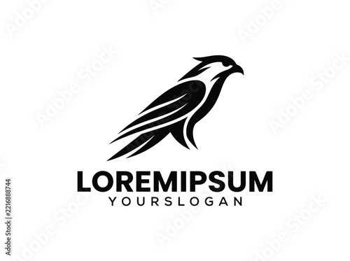 Stylized black eagle logo with sharp talons and outspread wings on a minimalist white background featuring bold text 'LOREMIPSUM YOURSLOGAN' underneath
