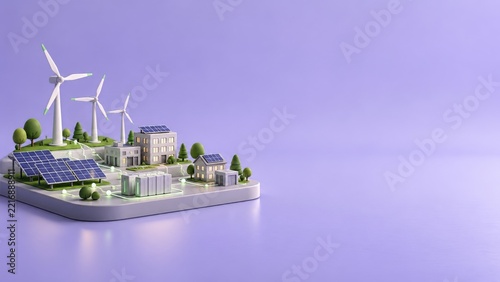 Miniature Renewable Energy Town with Turbines Solar Panels and Batteries