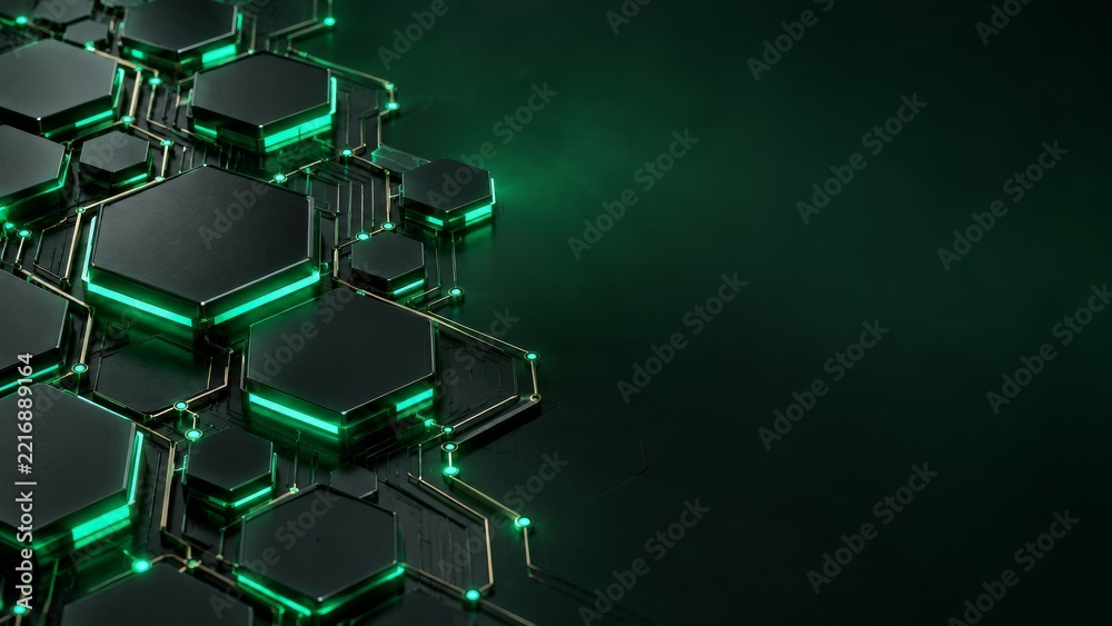 Fototapeta premium Black Hexagonal Circuit Tiles with Emerald Edges and Dark Copy Space