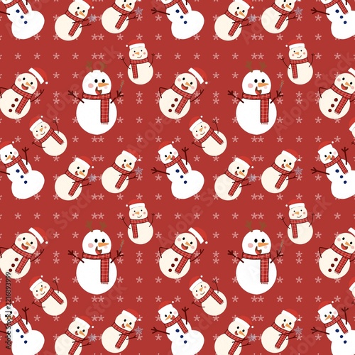 Vector seamless pattern featuring cute snowman characters and snowflakes on a red patterned background. Winter holiday festive background for wrapping paper and textiles.