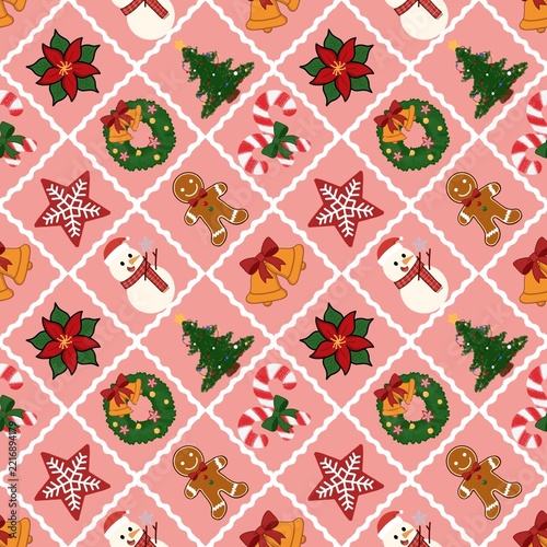 Vector seamless pattern featuring Christmas gingerbread cookies, ornament wreaths, and poinsettia on red background