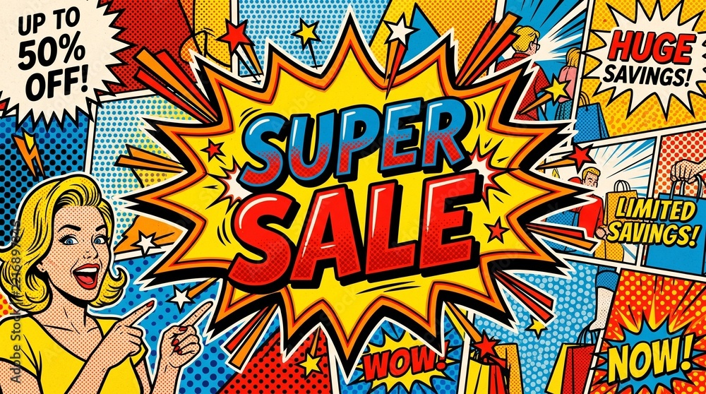 Fototapeta premium Woman celebrating huge savings during comic style super sale event