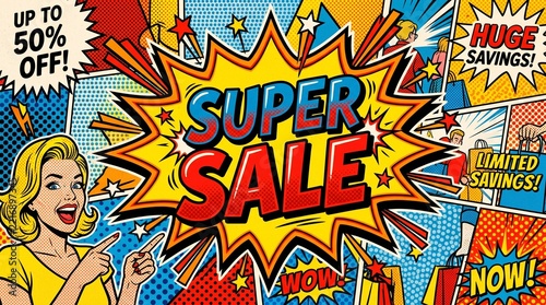 Woman celebrating huge savings during comic style super sale event