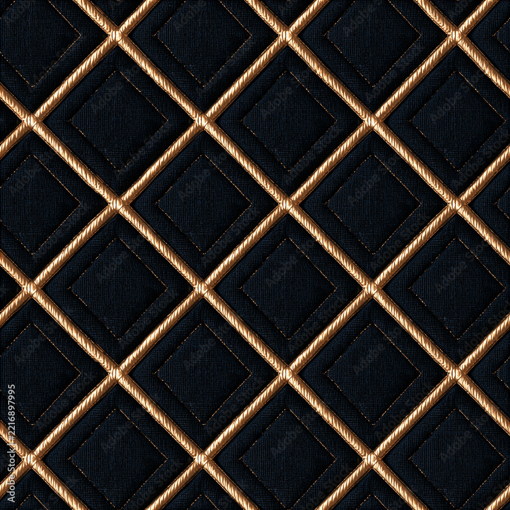 Naklejka premium Seamless pattern quilted black fabric texture creating a seamless diamond pattern, accentuated by golden ropes, signifying opulence and wealth