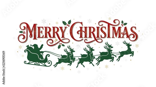 Vintage style merry christmas lettering with santa claus and reindeer sleigh illustration