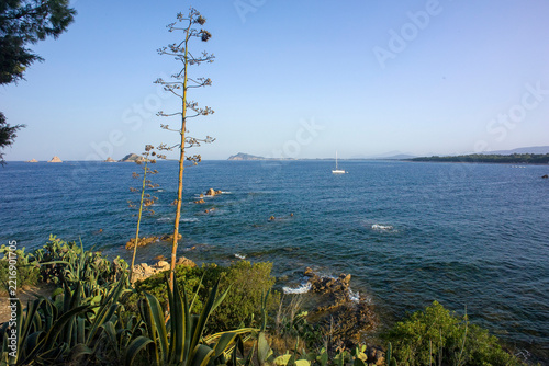 the coastal view from near the Torre di Santa Maria Navarrese (Saracen Tower) in Santa Maria Navarrese, Baunei, in the Ogliastra province of eastern Sardinia, Italy.