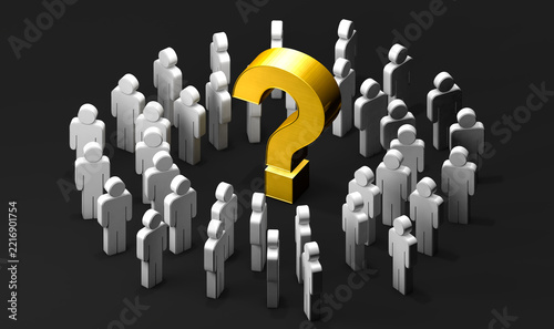  Signo de interrogación dorado rodeado de figuras humanas. Ilustración 3D. Concepto de dudas y preguntas frecuentes; servicio y soporte al cliente; análisis y soluciones.