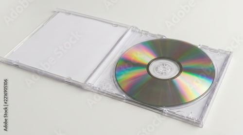 Compact Disc CD in Clear Plastic Case on White Background.