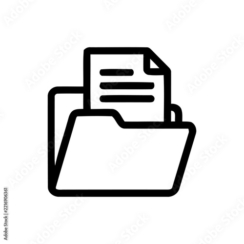 Folder icon with document sheets black line art on transparent background