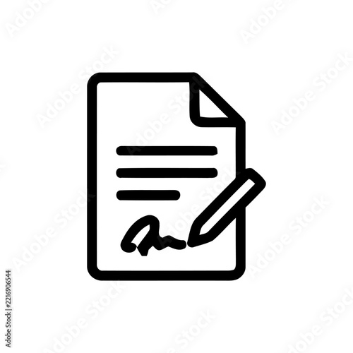 Signed document with pen black line icon on white background