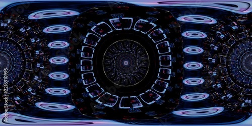 Cosmic VR 360 mandala with sacred geometry in an equirectangular environment map, designed as a spiritual loop for dome projection, metaverse immersion, VJ art and HDRI spherical map
