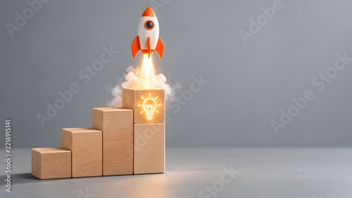 Toy Rocket Launching From Wooden Block Stairs With Glowing Lightbulb Icon Representing Innovative Startup Growth